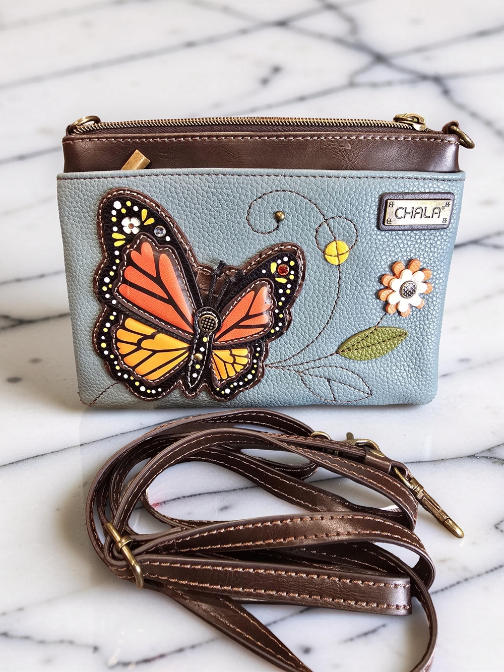 Chala Monarch Butterfly Mini Crossbody Bag Blue Vegan Leather